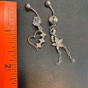 Silver Heart Dangle Belly Button Ring with Clear Crystal